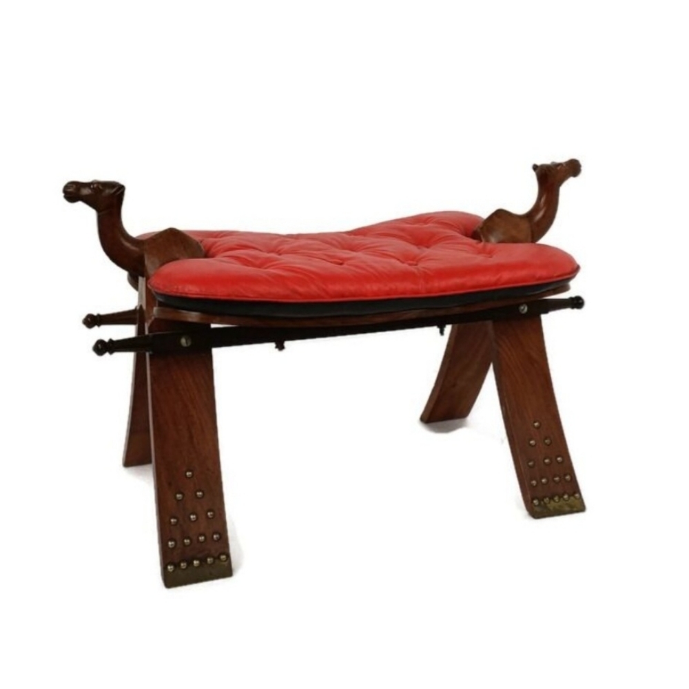 Vintage Camel Saddle Hide Footstool Ottoman Rare Wonderful Brass Trims